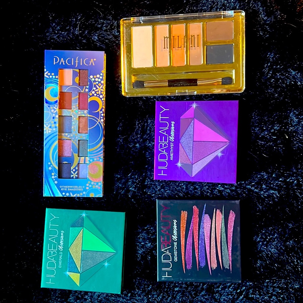 3 Huda Beauty palettes, 1 Milani and 1 Pacifica Palette